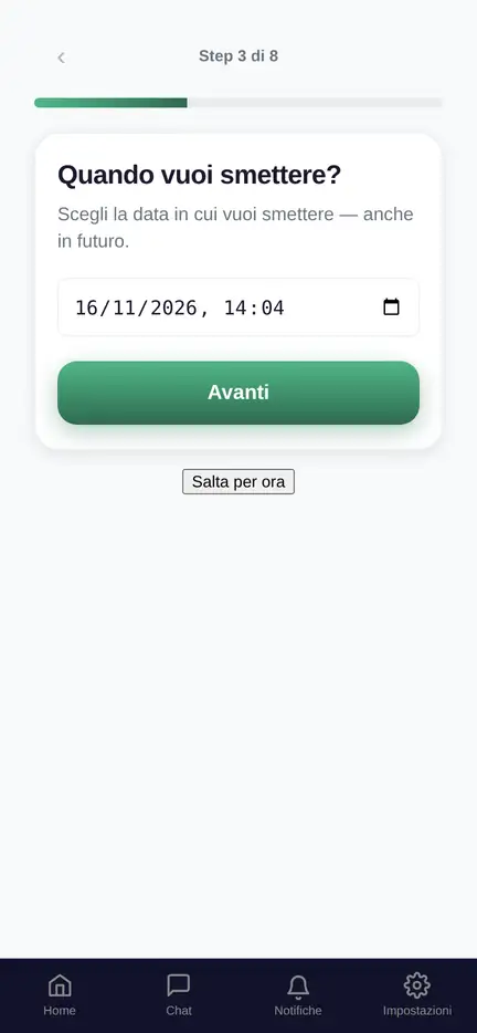 Schermata dell'app: scelta della data in cui smettere
