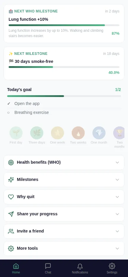 App screen: today's goal and milestones