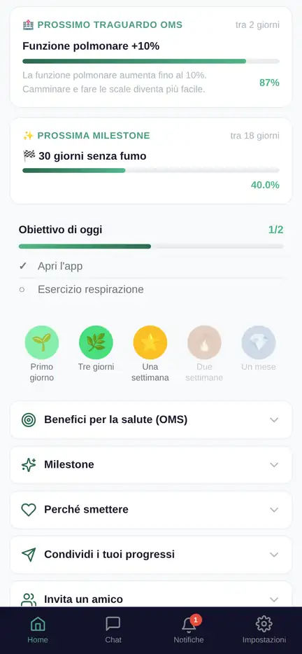 Schermata dell'app: obiettivo del giorno e traguardi